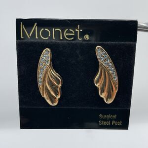 Vintage Monet Gold Tone Blue Rhinestone Angel Wings Stud Post Setting Earrings